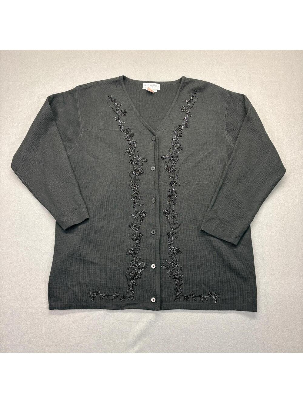Vintage The Work Connection Black Beaded Embroidered Cardigan Sweater Women's 2X